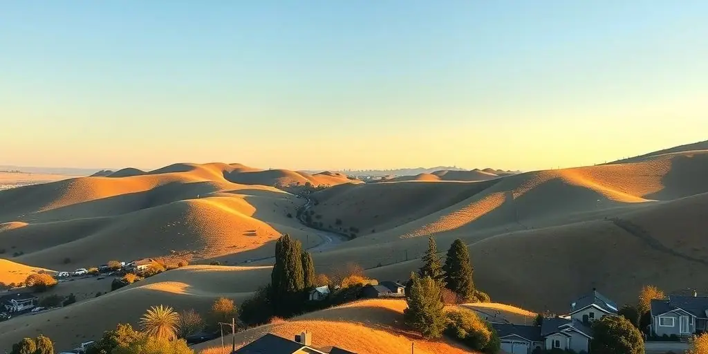 Oak-studded golden hills above Walnut Creek with homes terraced into the lower slopes