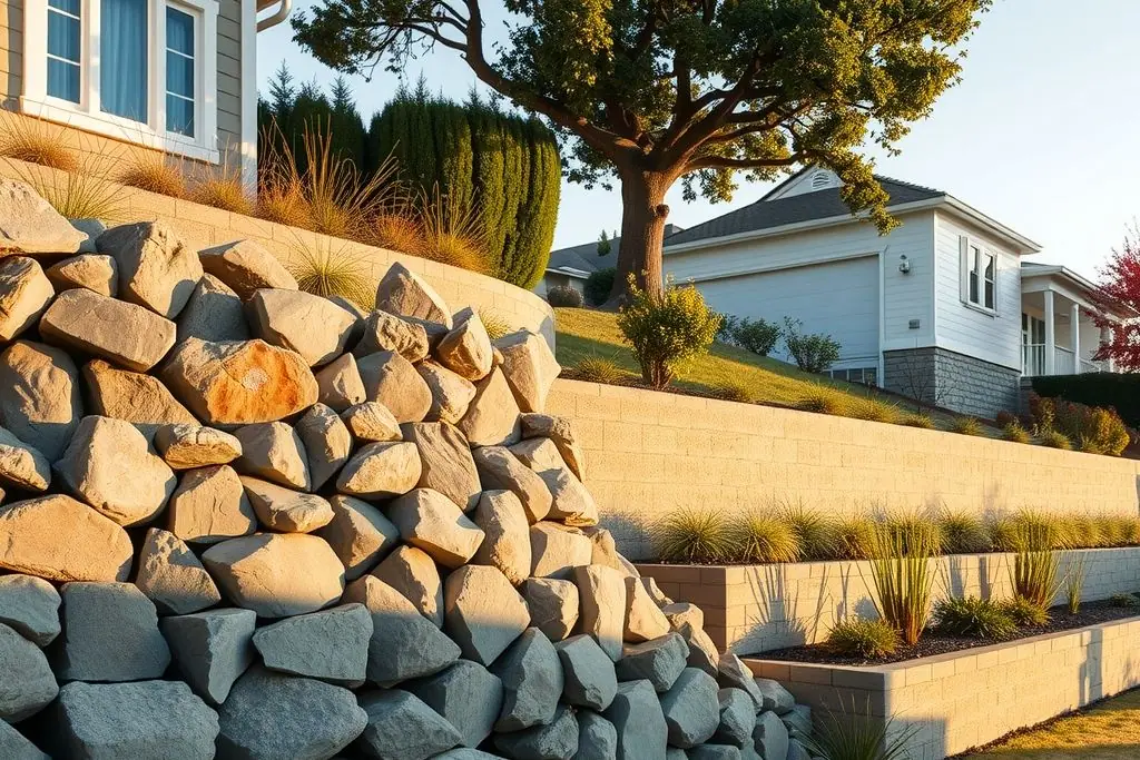 Dry-stacked natural boulder wall in the foreground with a smooth segmental block wall behind it on a sloped yard
